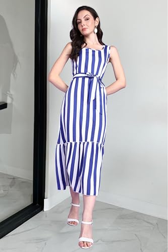 Image of POPWINGS Women Casual Blue & White Stripe Long Belt Dress Dress | Stylish Dress | Trendy Dress