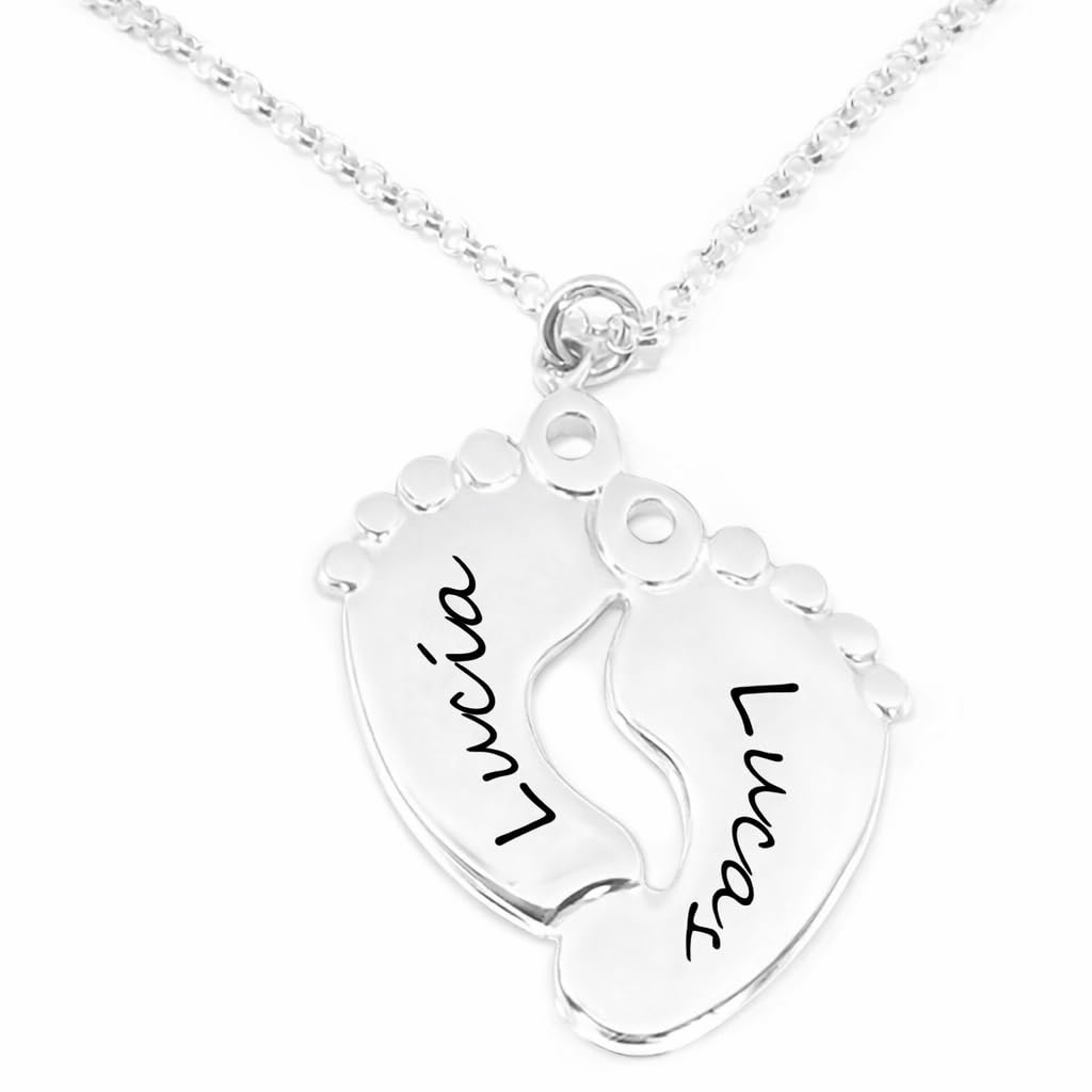 Colgante doble pies forma huella pie personalizado en plata de ley 925 con nombres de hijos | Joya grabada para madre o abuela | Regalo Día de la Madre, cumpleaños y ocasiones especiales