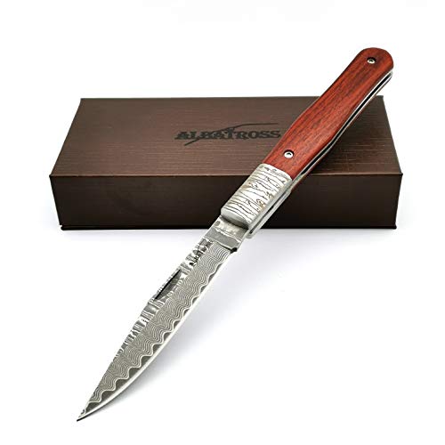 ALBATROSS HGDK006 EDC Damascus Pocket Folding knife,Yellow Sandalwood Handle,7.87-Inch-Gifts Box