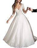 HUINI Hochzeitskleider Spitze Prinzessin Lang V-Ausschnitt Hochzeitskleid Standesamt Damen A-Linie Rückenfrei Brautkleider 3/4 Arm Brautmode Abendkleider mit Schleppe Weiß 38