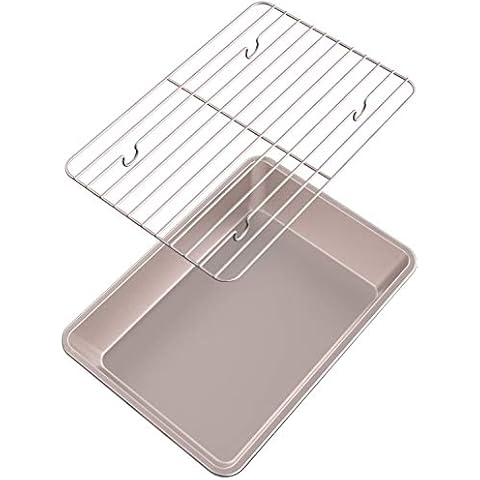CHEFMADE Roasting Tins 34 x 24 cm with Rack 13 Inch Non Stick Carbon Steel Baking Tray 6cm Deep LEFG Approved Rectangle Cake Tins Oven Baking Meat Bacon Bread Pastries Cover