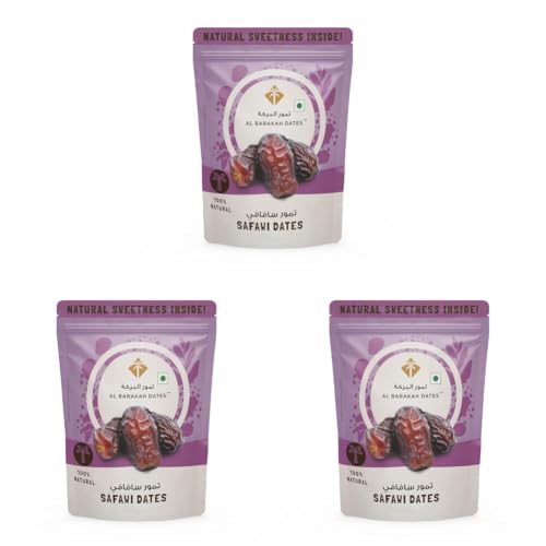 Image of Al Barakah Safawi Dates /Kalmi Dates 400g | Saudi Arabia Dates | 100% Natural | Non- GMO | Gluten Free | Healthy Snack | No Added Sugar | Vegan | Plant Based | Khajur | Khajoor | Khejur (Pack of 3)