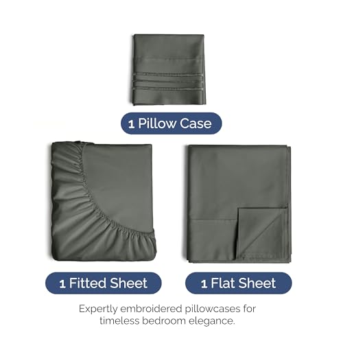 Image of Twin XL Size 3 Piece Sheet Set - Soft & Cooling Sheets - Dark Slate Grey | Fits 8 Inch to 16 inch Mattress, Wrinkle Free & Fade Resistant with Deep Pockets, Breathable, Comfy Hotel Luxury Bedding