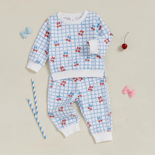 Toddler Baby Boy Girl Cherry Outfit Gingham Sweatshirts Top Joggers Pants Set Sweatsuit Fall Winter Clothes4