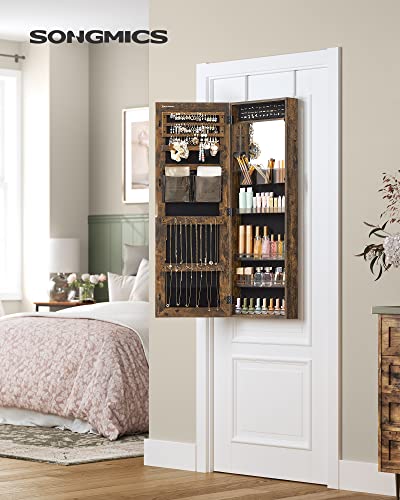 Image of SONGMICS Engineered Wood Lockable Jewelry Cabinet Armoire, Wall-Mounted Storage Organizer With Full-Length Frameless Mirror, 14.8 X 3.8 X 42.5 Inches, Rustic Brown
