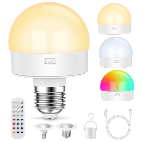 Wiederaufladbare Glühbirne mit Fernbedienung,USB-C Aufladbare Glühbirne, Akku Glühbirnen mit Batterie,15 Farben Dimmbar, RGB LED Glühbirnen Mit...