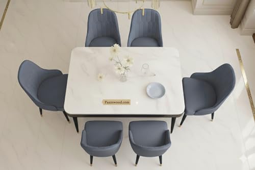 Image of Swiss Modern Dining White Marble Top Table Set with Sheesham Wood Legs, 6 Seater with Upholstered Chairs (71x36x30 Inches) (Grey)