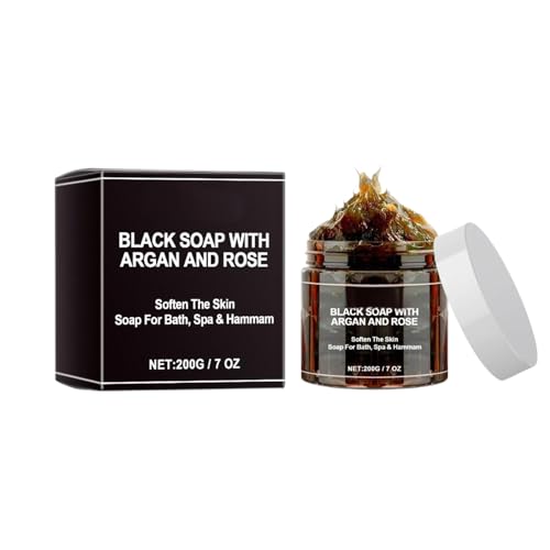 Morocco Black Soap, 200 G Cuerpo Exfoliante Jabón Marruecos Negro Jabón Orgánico Marroquí Negro Peeling Gel de Ducha Para Piel Suave, Ideal Para Reducir Las Arrugas Y Las Impurezas