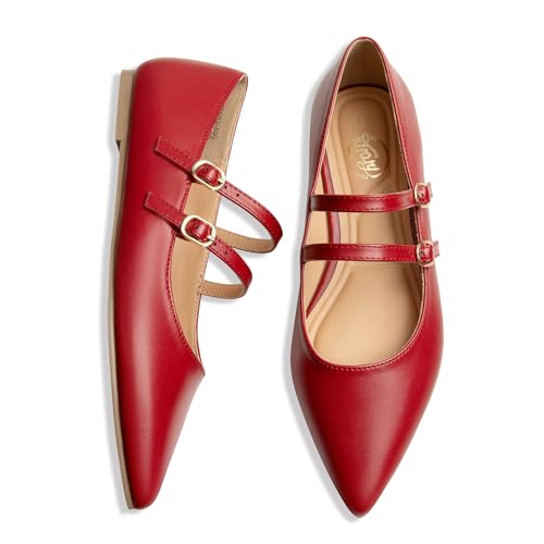 Image of Trary Flats for Women Mary Jane Shoes Women Closed Pointed Toe Ballet Flats Comfortable Slip on Dressy Adjustable Strap Cute Walking Office PU Leather Mary Janes Flat Shoes