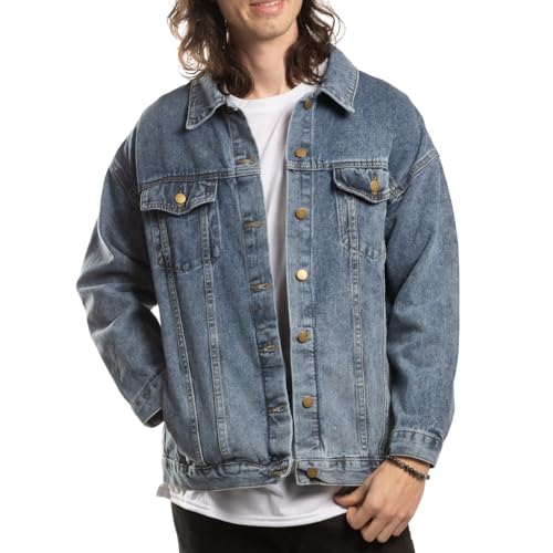 Classic Denim Jacket for Men Oversized Light Blue Wash Long Sleeve Button Down Casual Coat S - 2XL