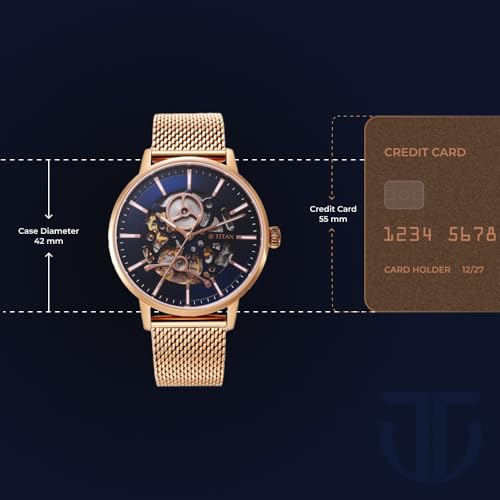Image of Titan Slimline Mechanical Midnight Blue Dial Rose Gold Stainless Steel Strap Watch for Men - NT90159WM01