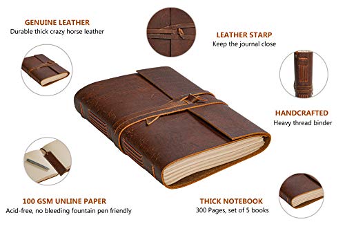 Leather-Notebook-Rustic-Handmade-Vintage-Leather-Bound-Journals-for-Men-and-Women-Leather-Craft-Unlined-Paper-300-Pages-Leather-Book-Diary-Pocket-Notebook-Diary-to-Write-in-75-x-10-Inch