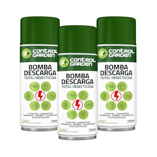 CONTROL GARDEN Pack 3 Insecticida Descarga Total 150 ML Interior y Exterior | Repelente Anti Insectos: Chinches, Ácaros, Hormigas, Arañas... | Fungicida Larvicida Ovicida Bomba de Humo Espacios 120 m2