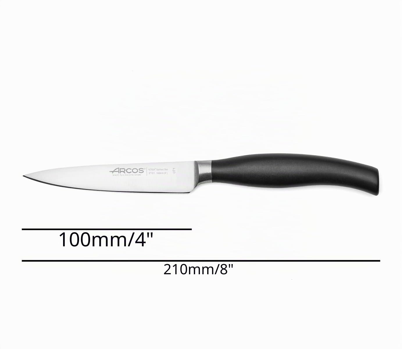 Arcos Juego Cuchillos Cocina Forjados 4 Piezas (Cuchillo Pelador + Cuchillo Cocina + Cuchillo Chef + Cuchillo Pan) Acero Inoxidable Nitrum, Mango Polipropileno POM, Serie Clara, Color Negro
