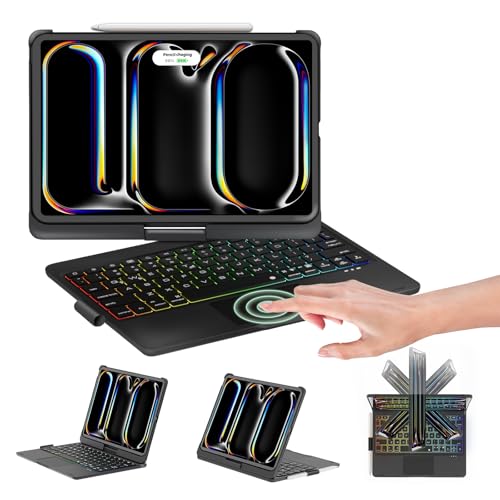 NOKBABO for ipad pro M4 11 inch case with Keyboard 2024,Rainbow Backlight, Built-in Trackpad, 360°Rotatable & Pencil Holder, Compatible with ipad pro 11 m4 Keyboard case - Black