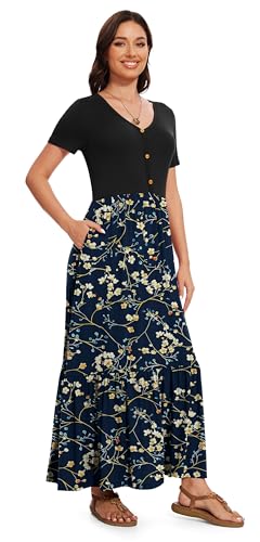 Image of VIISHOW Women's Short Sleeve Maxi Dress 2026 Summer V Neck Knit Loose Plain Empire Waist Casual Dresses with Pockets
