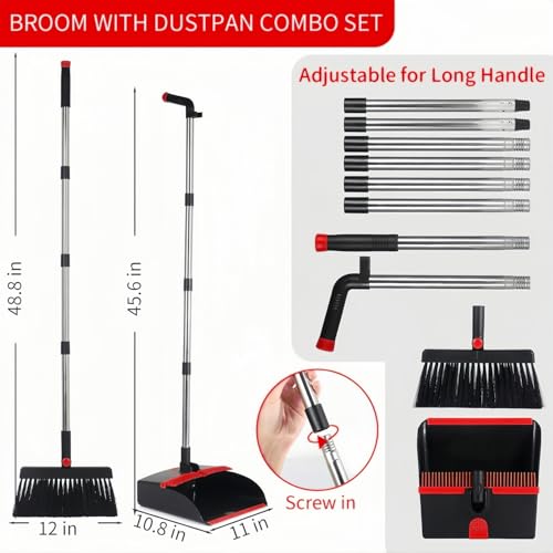 Image of Broom and Dustpan Set, Long Handle 180 Rotating Stand-Up Dustpan & Comb Teeth - Lightweight Sweeping Combo for Home, Office, Kitchen, Lobby Floors