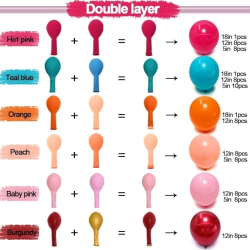 Image of Hot Pink Blue Orange Balloon Garland - Double Stuffed Teal Orange Pastel Pink Peach Latex Metallic Burgundy Balloon Arch Kit for Colorful Baby Shower Tropical Summer Birthday Party Decoration