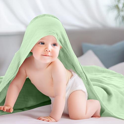 Image of Preboun 6 Pcs Muslin Hooded Baby Towels and Washcloths 32 inchx 32 inch Cotton Newborn Bath Towel Anti-Shrink Infant Baby Blankets with Hood 12 inchx 12 inch Washcloths for Girl Boy Toddler(Ivory,Green)