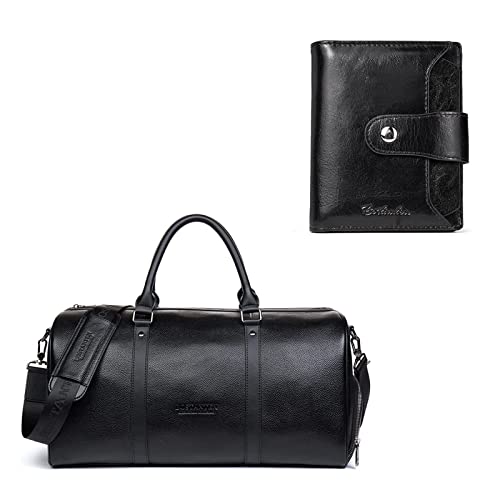 BOSTANTEN Genuine Leather Travel Weekender Overnight Duffel Bag Gym Sports Duffle Bags For Men and Women Leather Wallet RFID Blocking Small Bifold Zipper Pocket Wallet Card Purse