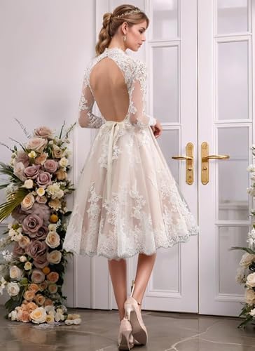 Tea Length Wedding Dresses for Bride Lace Tulle Wedding Dress for Women Long Sleeve Bridal Shower Dresses for Bride2