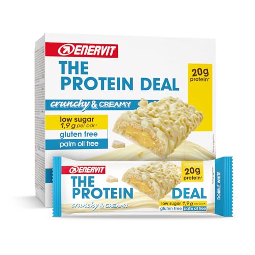 Enervit The Protein Deal Double White, Barritas Proteicas, Sabor Chocolate Blanco con Centro Suave, Snack Delicioso, 20g de Proteínas, 1,9g de Azúcares, Sin Gluten, 12 Barritas de 55g
