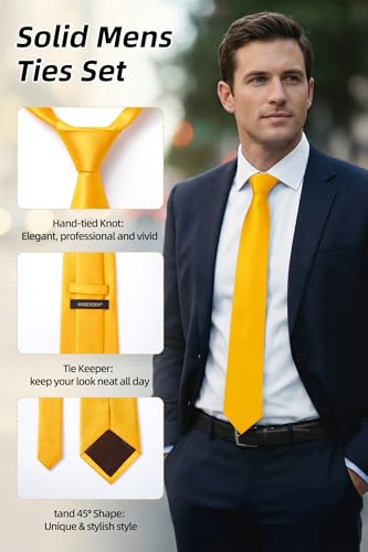 Image of HISDERN Mens Ties Solid Color Ties for Men Formal Necktie with Pocket Square Set Satin Silk Neck Tie Handkerchiefs Set