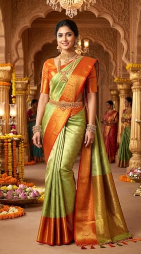 Image of VFCollections Women's Kanchipuram Silk Pure Pattu Sarees With Blouse