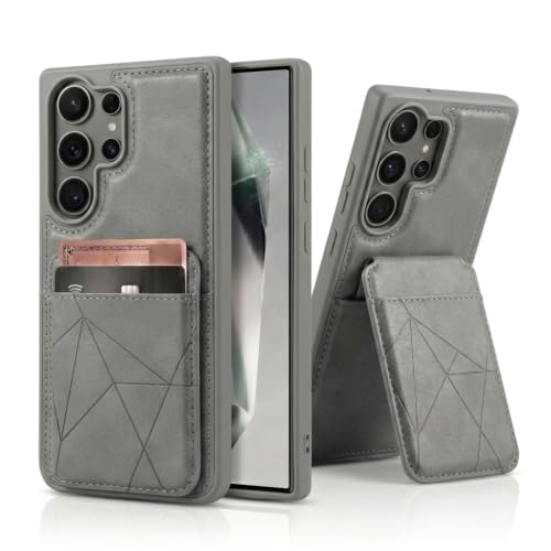 Image of amazon basics Premium Vegan Leather Back Cover with Card Holder and Integrated Mobile Stand for Samsung Galaxy S26 Ultra 5G - Slim Shockproof Wallet Case with Geometric Stitching [Gray]