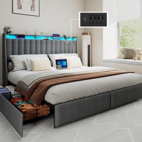 Image of King Size Upholstered Bed Frame with 4 Storage Drawers and LED Lights | Metal Platform Bed with Storage Headboard and Charging Station, No Box Spring Needed, Easy Assembly, Noise-Free, Gray