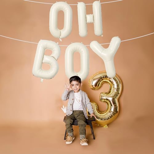 Image of Large Beige Oh Boy Balloons, 40 Inch Cream White Sand OH BOY Balloon Letters with Ribbon, Neutral Ivory Alphabet Oh Boy Balloon for Baby Kid Boys Birthday Baby Shower Gender Reveal Party Decorations