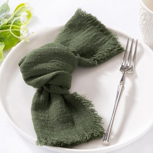 Image of MLMC 10 Pack Olive Green Cloth Napkins with Fringe Boho Linen Napkins Washable Reusable Rustic Dinner Table Decor 17 inchx17 inch for Wedding Party Picnic Gathering Decor