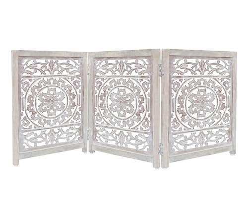 Wooden Foldable Pet Dog Safety Gate - 3 Panel 20' W x 24' H - Hand Carved Suzani Free Standing...