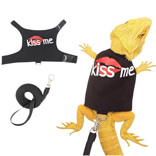 Image of Bearded Dragon Harness and Leash Set - Cute Lizard Reptile Small Animal Adjustable Harness Clothes with Short Leash for Walking Outdoor (Black)