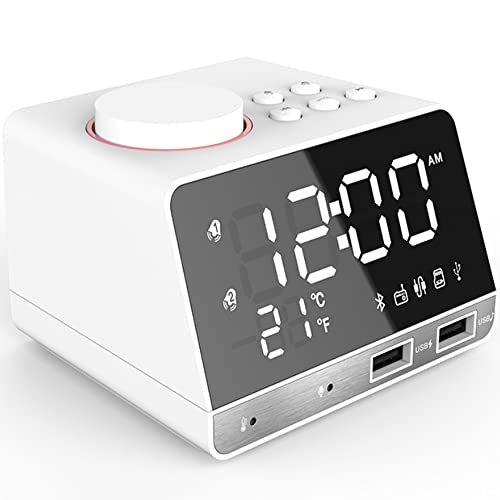 Bluetooth Speaker,Alarm Clock Radio,2 USB Charging Ports,Adjustable Volume,Thermometer, Battery Backup,Multifunctional Portable Bluetooth Speaker for Bedrooms Outdoor,Travel (White)