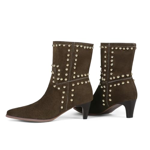 baobeijiadao Ankle Boots for Women Pointed Toe Low Kitten Heel Booties Slip On Rivet Boots4