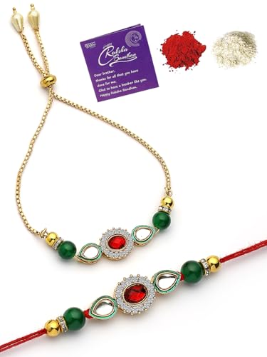 Image of Sukkhi Rakhi Most Beautiful Floral with Gold Plated Rakshabandhan Combo Lumba Rakhi for Bhiaya Bhabhi Brother with Roli Chawal & Greeting Card|Set of 2