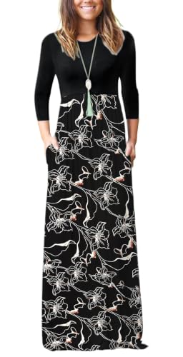 Image of WNEEDU Women's 3 /4 Sleeve Casual Loose Long Maxi Dresses with Pocket