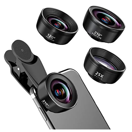 Phone Camera Lens 3 in 1 Phone Lens Kit- 210° Fish Eye Lens + 120° Wide-Angle Lens + 25X Macro Lens, Clip Camera Lens Kit for iPhone 13 12, Samsung, Android, iPad and Most Smartphones