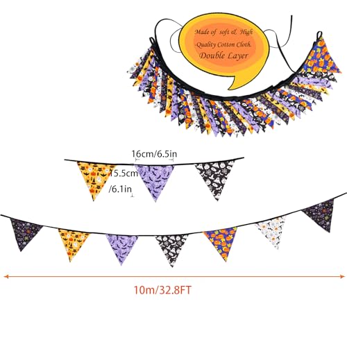 Image of Zwiebeco 32Ft Black Orange Purple Halloween Pennant Banner Triangle Flags Fabric Bunting Garland Cotton Flag for Halloween Birthday Wedding Party Home Garden Outdoor Decorations