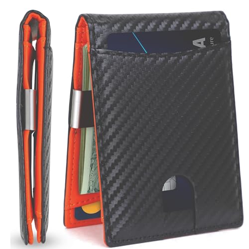 Image of Slim Bifold Wallet for man with Money Clip - RFID Blocking, Multiple Credit Card Pockets - Sleek and Versatile Design - Genuine Leather - Ideal for Cash and Cards (Carbon Fiber - Orange)