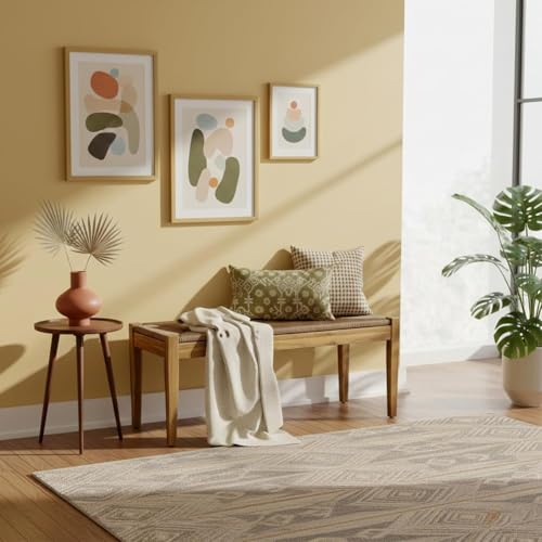 Image of Vintage Entryway Bench, 45 inch Acacia Wood Bench with Woven Rope Seat, Wicker Bench Indoor for Hallway, End of Bed, Rustic Farmhouse Boho Style, Rope Dining Bench (Natural)