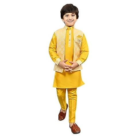 AHHAAAA Kids Indian Ethnic Silk Blend Traditional Wear Bollywood Style Sherwani Waistcoat Kurta and Pyjama for Boys 527 Cover