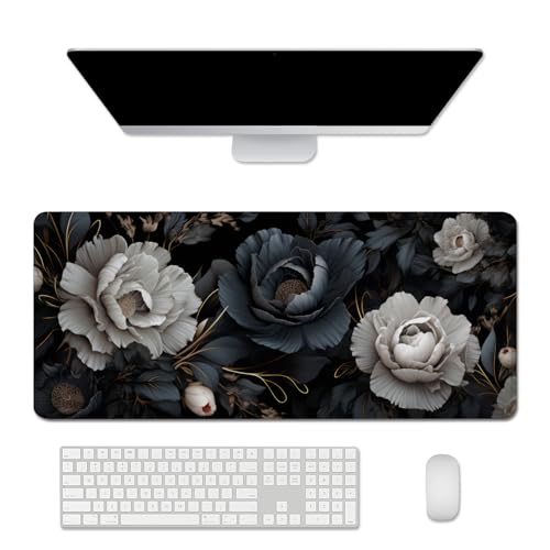 Black and White Mouse Pad,Floral Mouse Pad Desk Mat,Large Mousepad Aesthetic Mouse Pads Desk pad - Non-Slip Stitched Edges & Rubber Base for Office, Gaming Room, Computer, Laptop