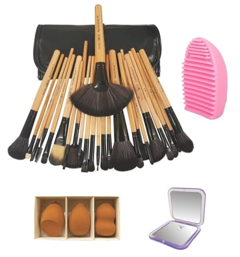 Image of Puna Store Combo Set of 24 Piece Premium Synthetic Makeup Brush Set (Bamboo) with 3pc Makeup Blender Set, Makeup Brush Cleaning Egg, Pocket Makeup Mirror, Cruelty Free Vegan Brushes