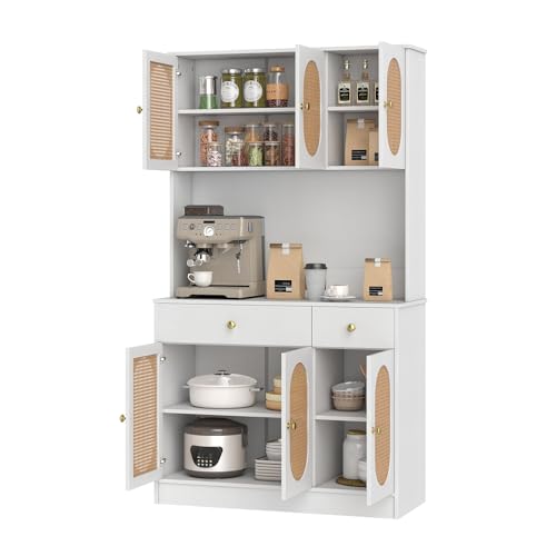 KOMFOTTEU Buffet Haut avec Station de Charge, Meuble Rangment avec 2 Tiroirs & 4 Armoires à Porte, Armoire de Cuisine, Étagères Réglables, pour Salle à...