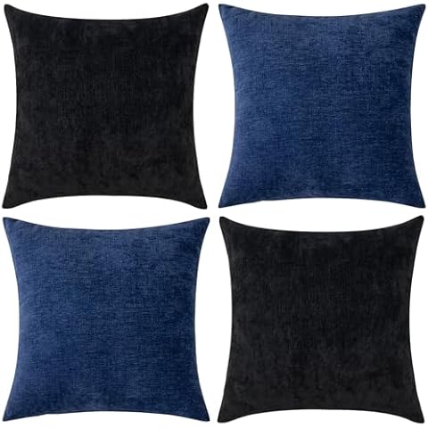 GAWAMAY Pack of 2 Couch Throw Pillow Covers 18x18 Inch Soft Square Chenille Pillow Cover for Sofa Living Room Bedroom Car Solid Dyed Pillow Cases (Only Pillowcases) 45x45cm,Black, Navy Blue Cover