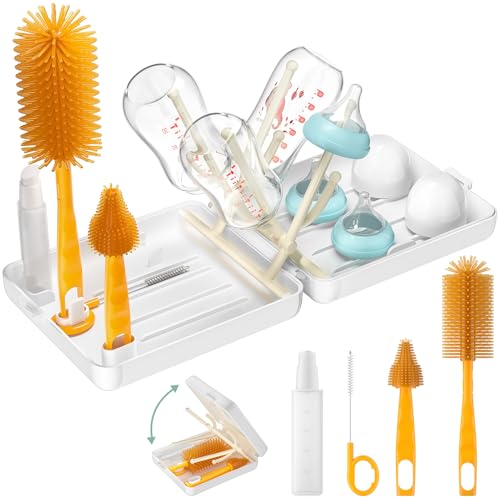 Image of Portable Baby Bottle Brush Set - 6-in-1 Bottle Cleaning Kit with Nipple, Straw, & Bottle Brush, Soap Dispenser, Foldable Drying Rack, and Organizer Case for Home & Baby Travel Essential (White)