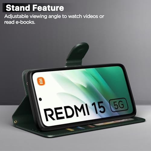 Image of Pikkme Flip Cover for Redmi 15 5G Leather Finish | Inside TPU with Card Pockets | Wallet Stand and Shock Proof | Complete Protection Flip Case(Green)
