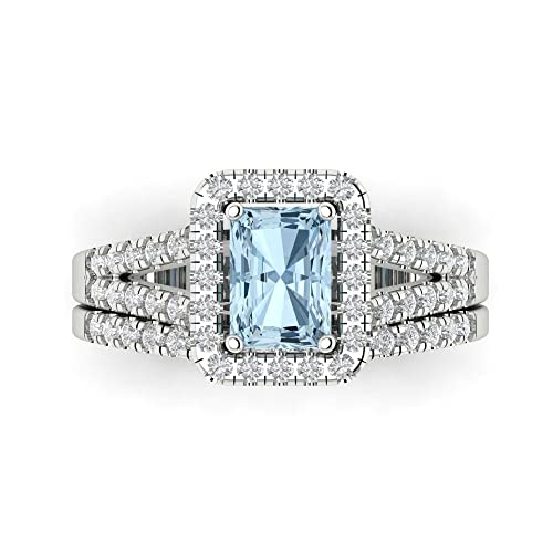 Clara Pucci 1.72 tcw Emerald Cut NaturalAquamarine Wedding Ring Set for Women | 14K White Gold 2-Piece Womens Anniversary Ring for her, Womens Solid Gold Stackable Eternity Band and Vintage Gold Ring